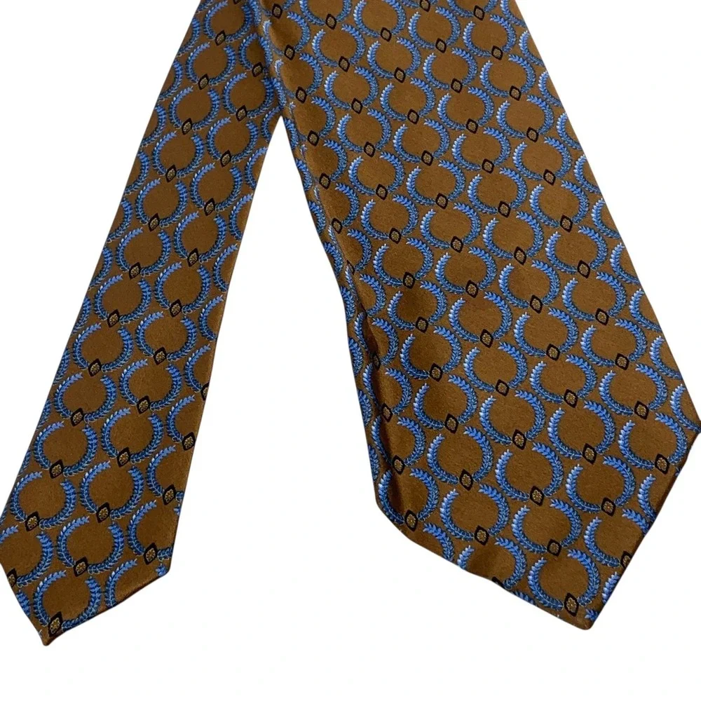 Brioni Men's Handmade Silk Tie Brown Blue Circle Leaf Design Designer‎ Necktie